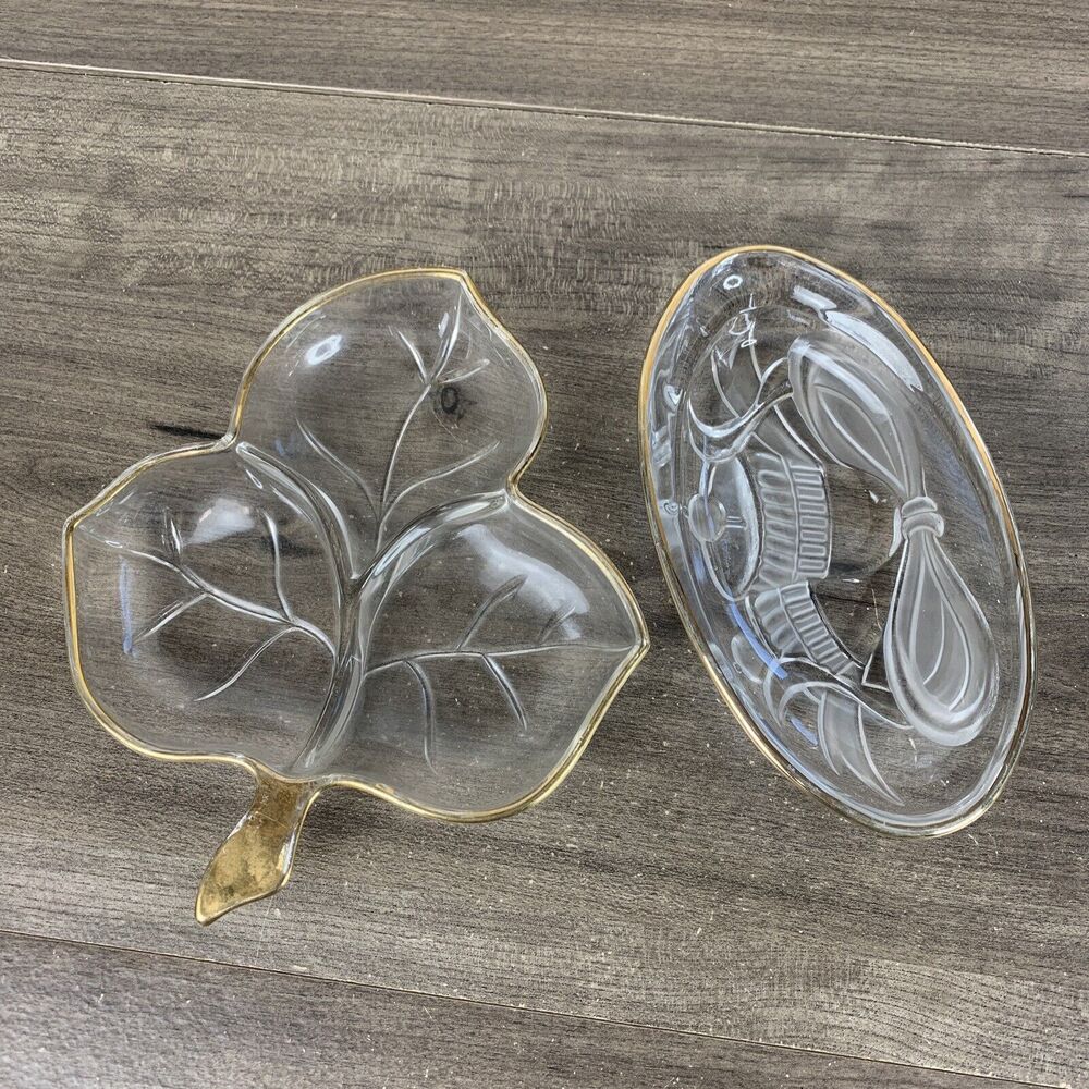 VTG Candy Glass Maple Leaf & Oval Dish with Gold Trim Set of 2 Clear Plates